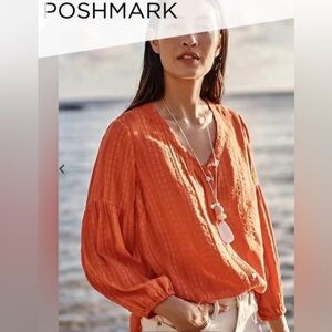 NWT J.Jill Vibrant Orange V-NeckPeasant Blouse Textured 3/4 sleeve Button-Up XL